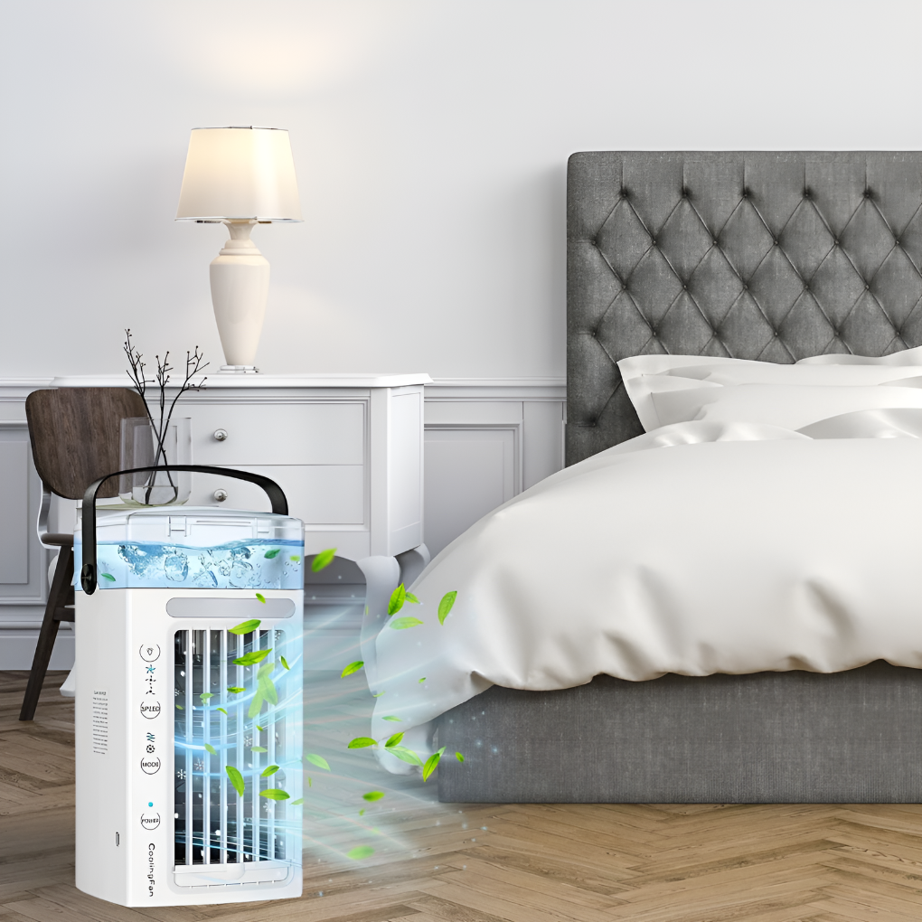 Mini portable air conditioner for personal comfort, ideal for home, office, or travel with USB power.