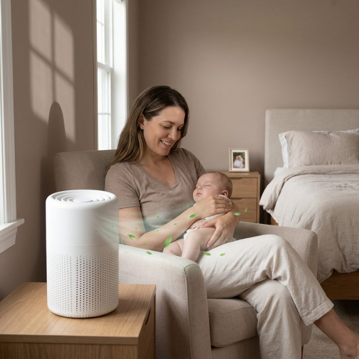 Sleek portable True HEPA air purifier on a desk in a modern home, ensuring fresh, odor-free air.