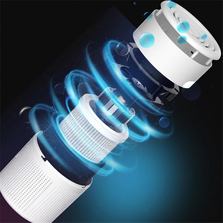 Quiet portable HEPA air purifier in a contemporary office, removing pollutants for better concentration.