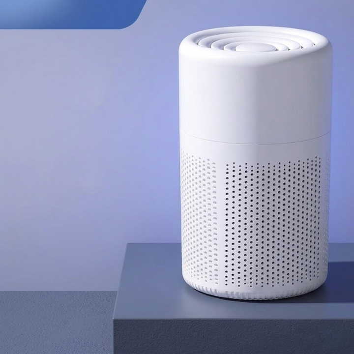 Portable True HEPA air purifier actively cleaning indoor air, removing dust, allergens, and odors for health.