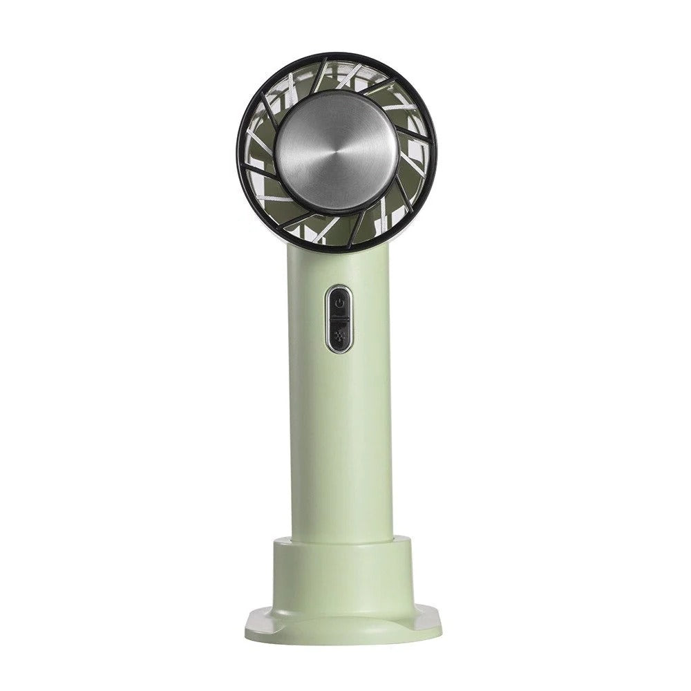 Compact rechargeable portable fan with strong airflow, ideal for desk, office, or outdoor personal cooling.