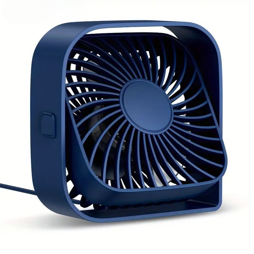 "Compact USB desk fan with 360° rotation, mini size, black frame, adjustable 3-speed settings, ideal for workspace."