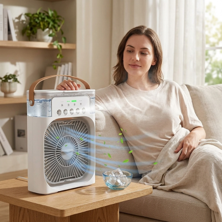 Sleek USB desktop fan delivers quiet personal airflow, enhancing comfort in office or bedroom. Compact.