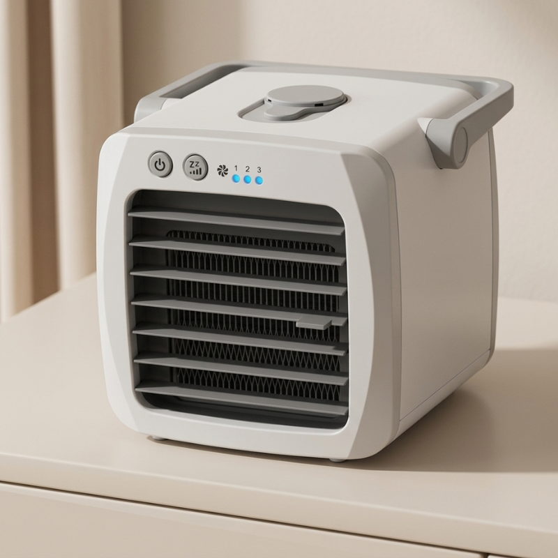 Compact USB personal air cooler and humidifier fan, ideal for desk, office, or bedroom comfort. Portable & quiet.