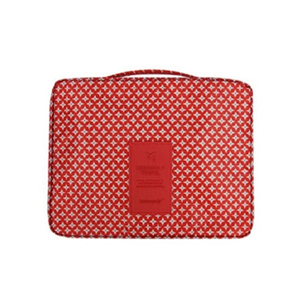 Practical waterproof makeup travel organizer in dark blue floral for women, includes mini storage case.