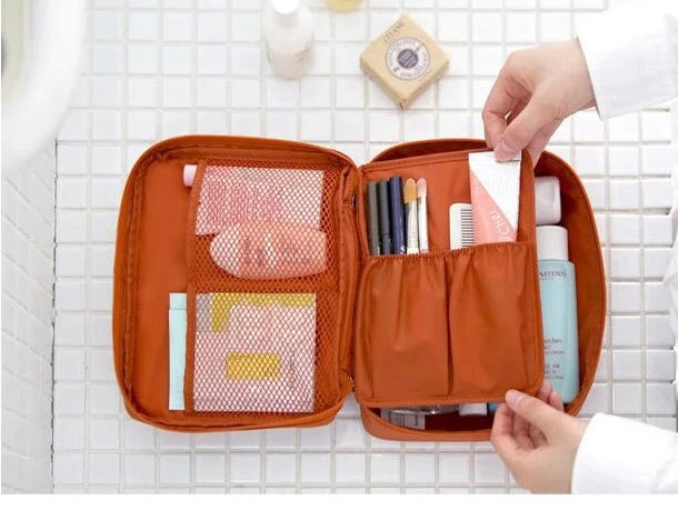 Women's compact waterproof makeup travel organizer with free mini cosmetic case, dark blue floral design.