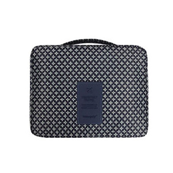 Dark blue floral waterproof travel bag for women's makeup & toiletries. Compact and portable design.