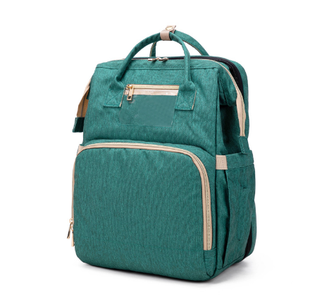 Convertible baby nappy backpack with built-in foldable bassinet. Waterproof, multi-pocket design for travel.