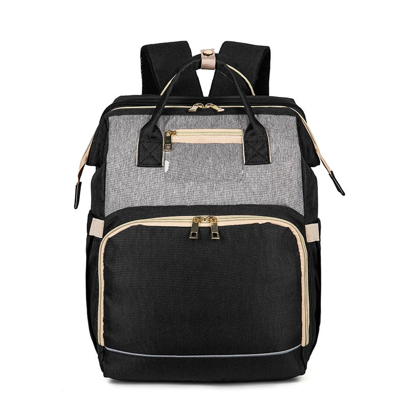 Travel-friendly baby backpack with foldable bassinet, waterproof fabric, and ample storage for new parents.