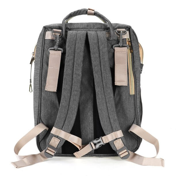 Waterproof convertible baby bag with a fold-out bassinet. Diaper backpack for busy parents, travel & nursery needs.