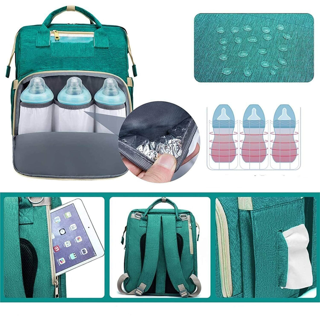 Stylish convertible diaper backpack with a foldable bassinet, offering modern design and multi-pocket organization.