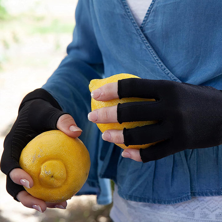 "Copper infused fingerless compression gloves for arthritis, offers warmth and breathability, ideal for relief and comfort."