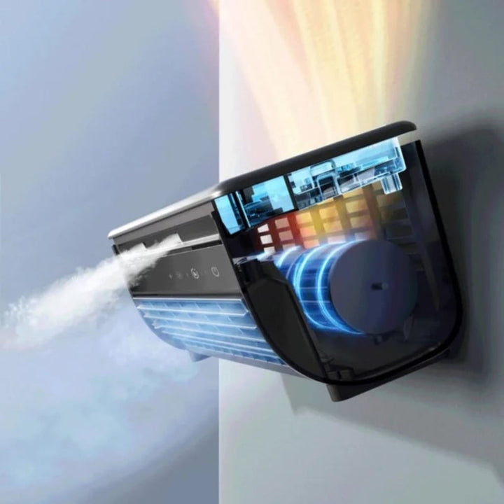 Sleek portable bladeless air cooling fan, rechargeable for home, office, or travel.