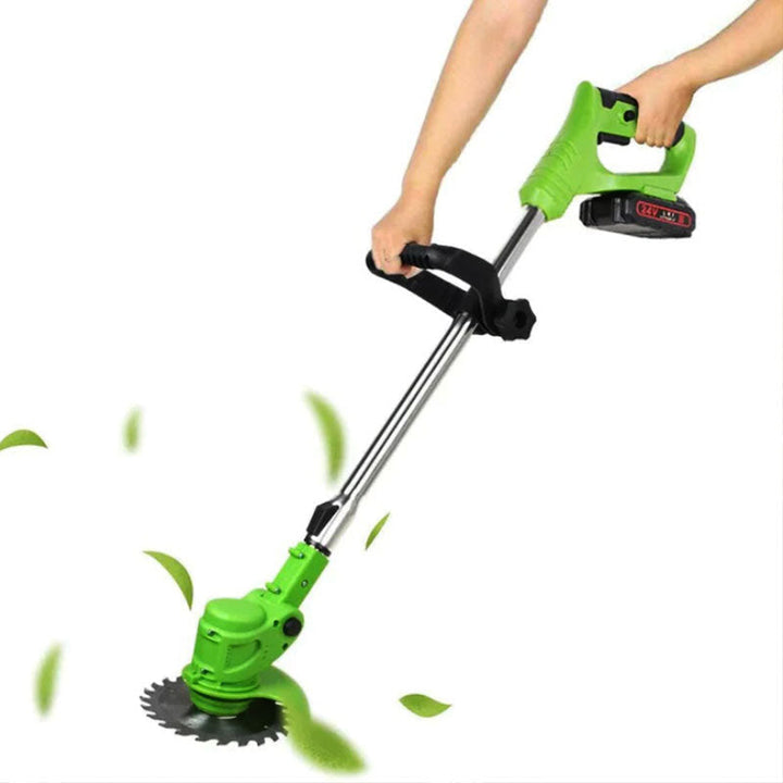 Cordless electric grass trimmer with adjustable telescopic rod, multi-angle head, and detachable wheels for easy lawn care.