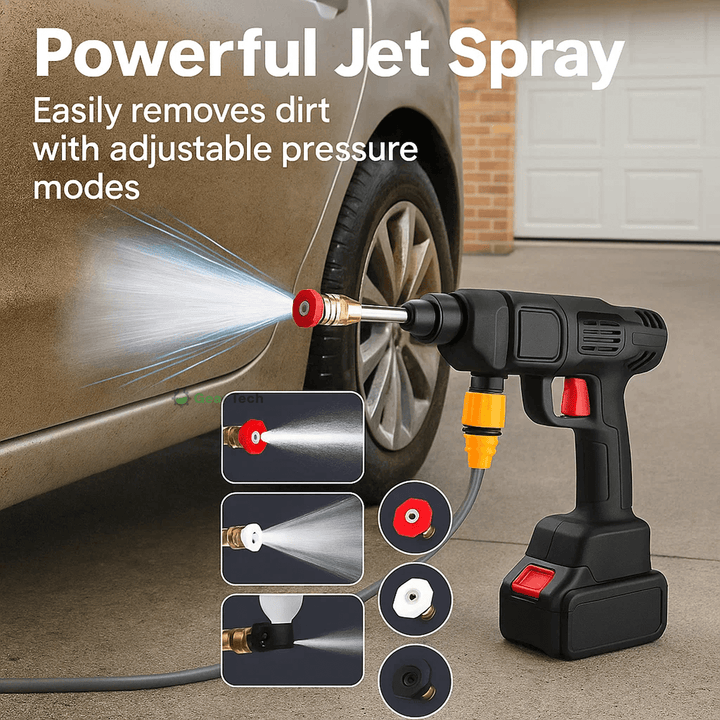 Cordless portable high pressure spray gun for cleaning, lightweight design, ideal for car, patio, and garden furniture wash.