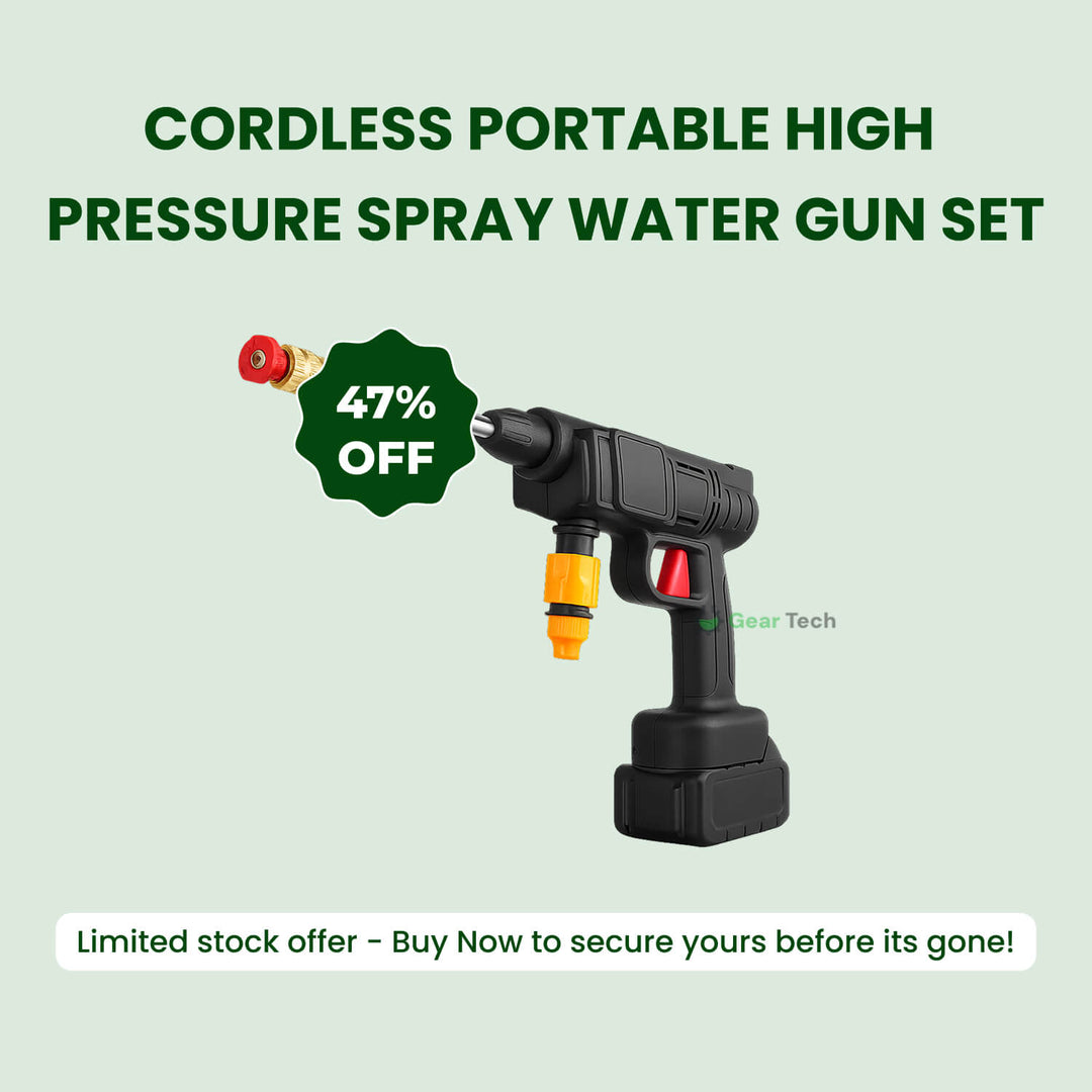 Cordless portable high pressure spray gun for cleaning, lightweight design, ideal for car, patio, and garden furniture wash.