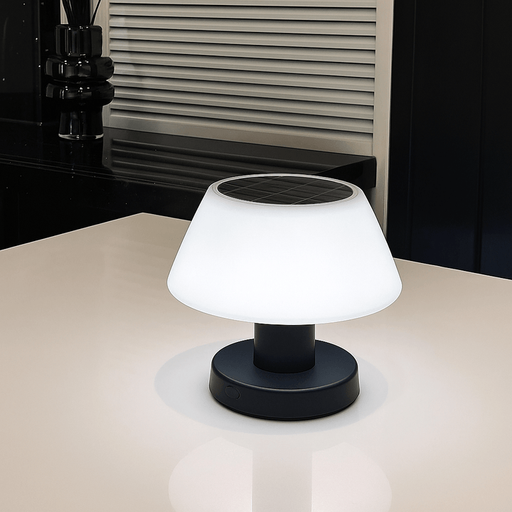 Cordless solar table lamp with LED, rechargeable via USB Type-C, features a sleek, minimalist design, perfect for outdoor use