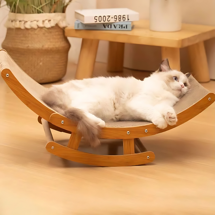 Cozy cat bed & scratcher lounge for happy naps & healthy claws. Durable cardboard/sisal for feline comfort.