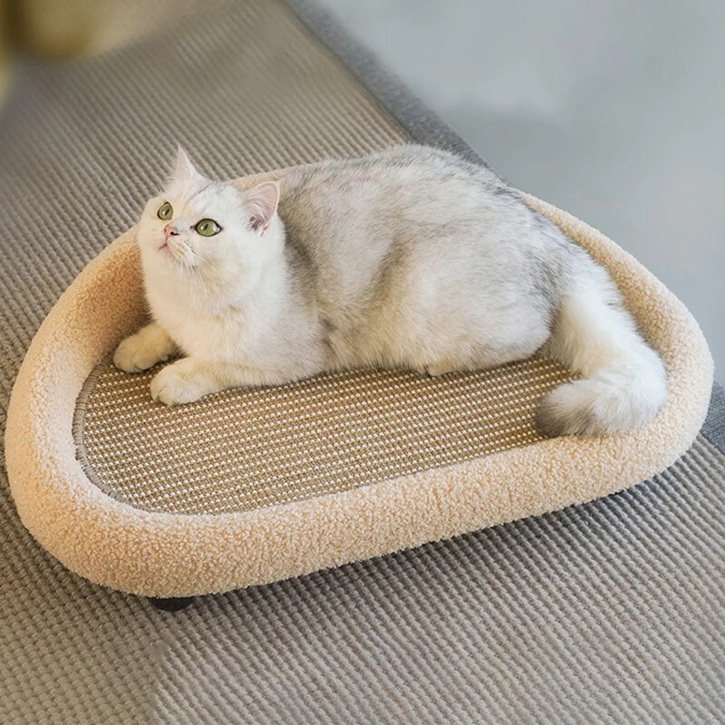 Cozy cat bed & scratcher lounge, perfect for napping & scratching. Durable feline furniture protector.