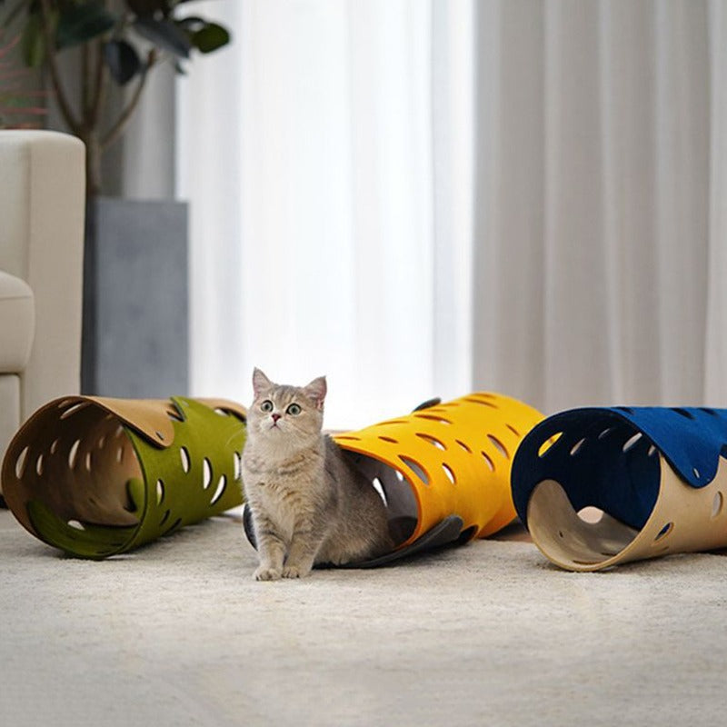 Cozy felt cat play tunnel & hideaway cave for pets. Foldable cat toy for fun & comfort.