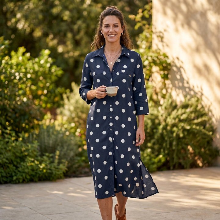 Full-length view of a women's fashion polka dot maxi shirt dress, ideal for versatile day-to-night wear.