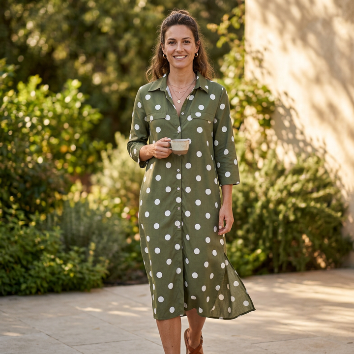 Women's polka dot maxi shirt dress, a versatile long casual or elegant daywear option.