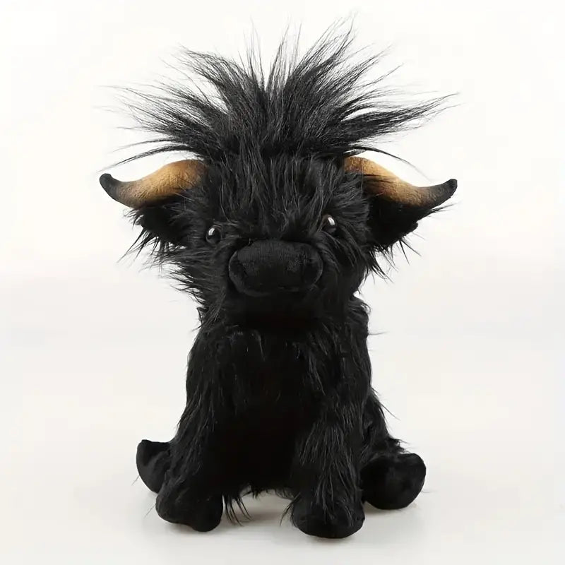 Cute Highland Cow plush toy with fluffy fur, a charming farm animal stuffed toy for playful decor.