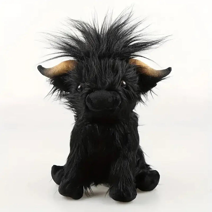 Cute Highland Cow plush toy with fluffy fur, a charming farm animal stuffed toy for playful decor.