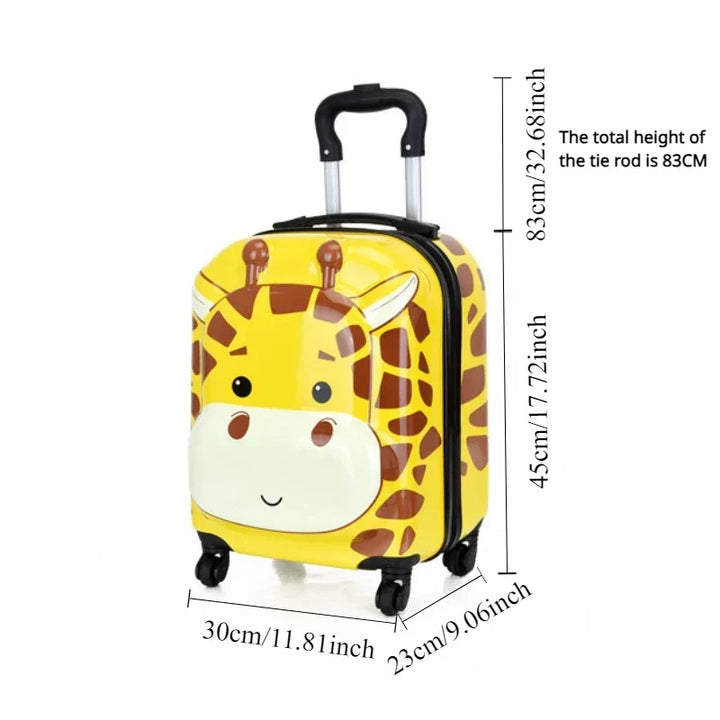 Durable hard shell animal print kids luggage, 360-degree spinner wheels, ideal for preschool travel.