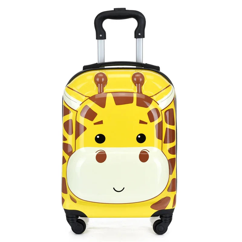 Colorful animal hard shell carry-on suitcase for preschool travel, designed for small children's adventures.