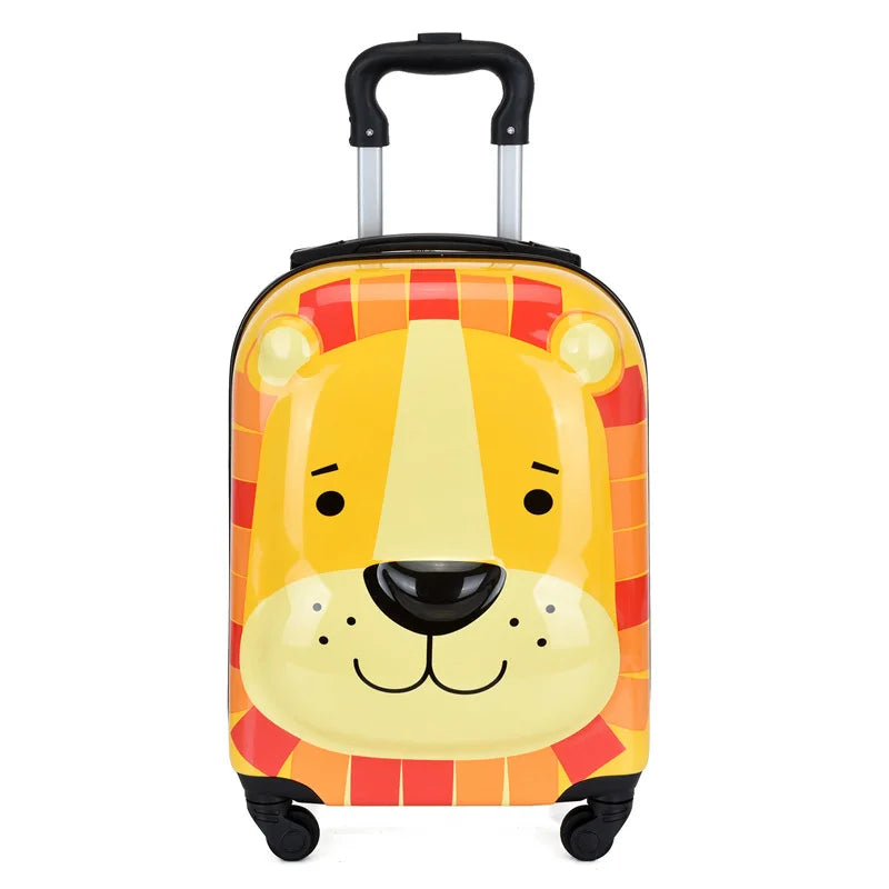 Children's hard shell animal carry-on suitcase featuring durable construction and smooth spinner wheels.