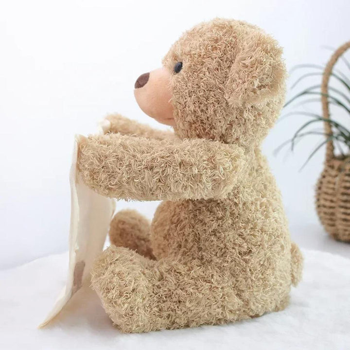 Adorable unisex peek-a-boo bear plush, an interactive soft toy & perfect baby gift for sensory play & toddlers.