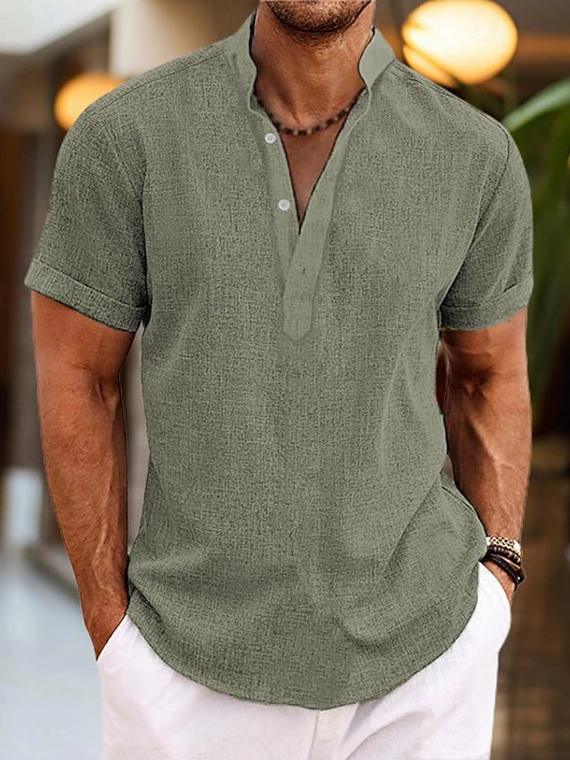 Relaxed fit men's V-neck polo shirt. Classic short-sleeve design, offering comfort & versatile style for casual apparel.