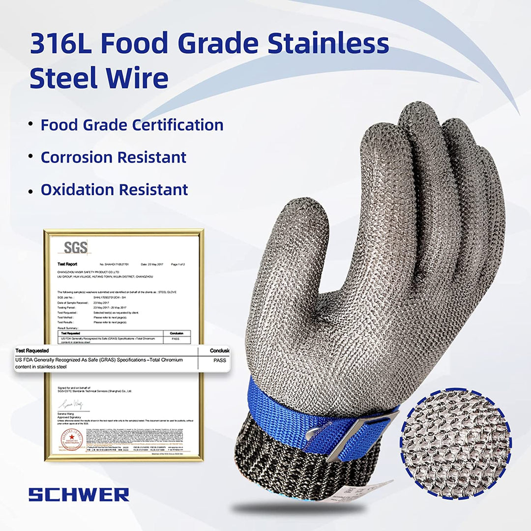 Close-up: Cut-resistant stainless steel mesh glove, showing durable protective weave for food handling.