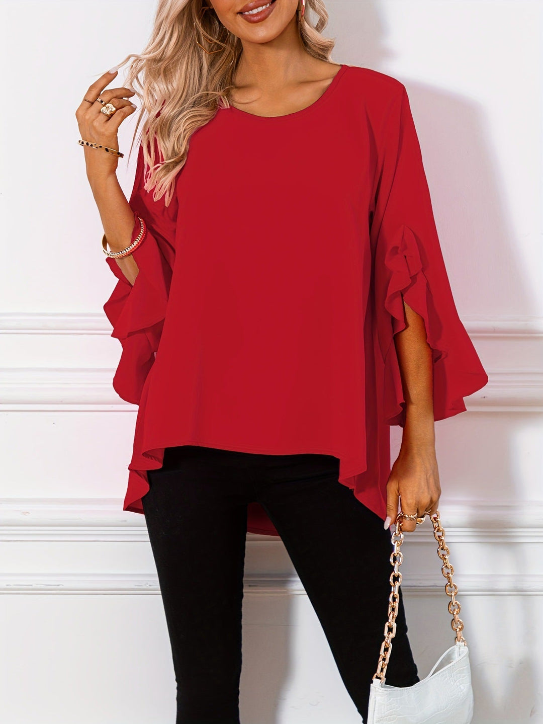 Chic round neck work blouse for women, versatile and stylish for professional looks.