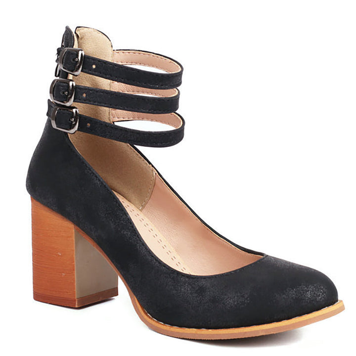Women's comfortable block heels with a secure ankle strap, ideal for long hours at events.
