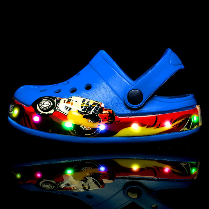 Breathable & anti-slip kids' clogs with glow-in-the-dark feature, ideal for active children's summer footwear.