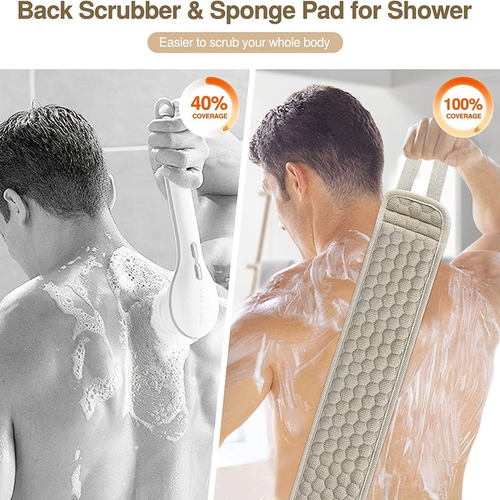 Practical unisex deep cleansing back scrubber for easy full-back reach & gentle skin care exfoliation.