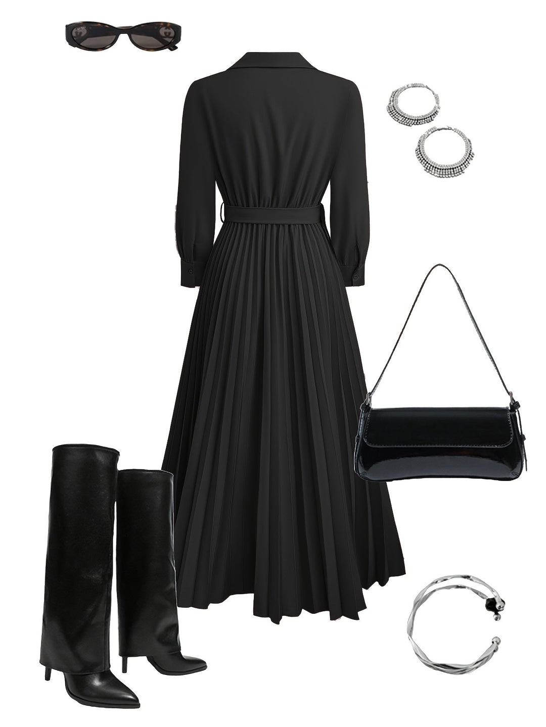 Versatile women's long sleeve V-neck midi dress with elegant pleats. Belted for a flattering silhouette.
