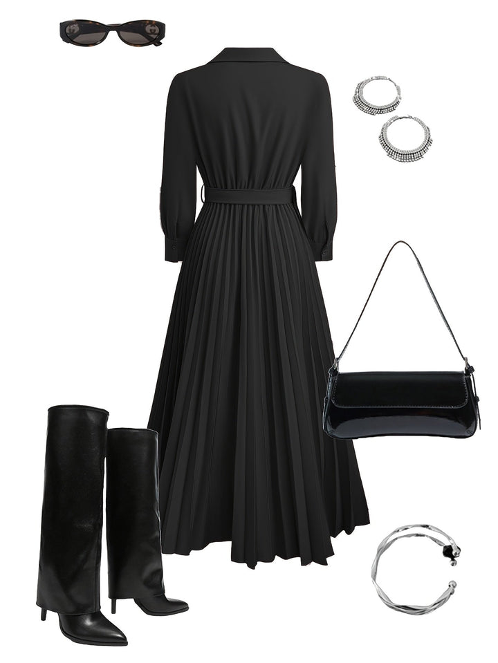 Versatile women's long sleeve V-neck midi dress with elegant pleats. Belted for a flattering silhouette.