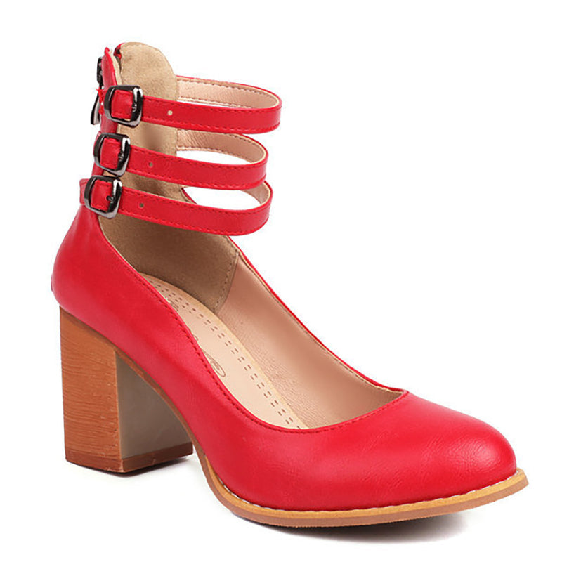 Stable women's elegant ankle strap block heels, designed for comfort and sophisticated style.
