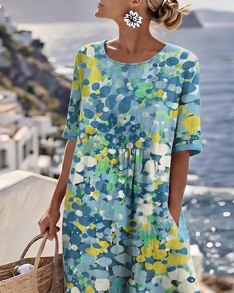 Casual chic women's floral midi dress, short sleeve, round neck, ideal for spring & summer comfort.
