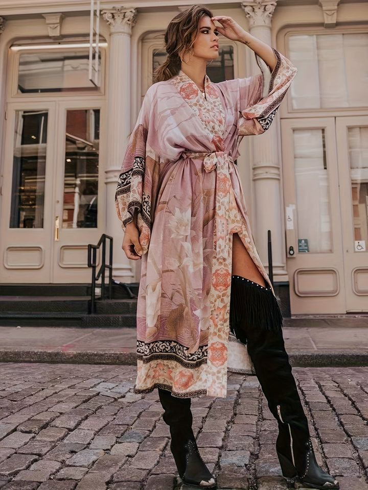 Elegant women's floral print kimono cardigan, a versatile layer for spring style and summer fashion.