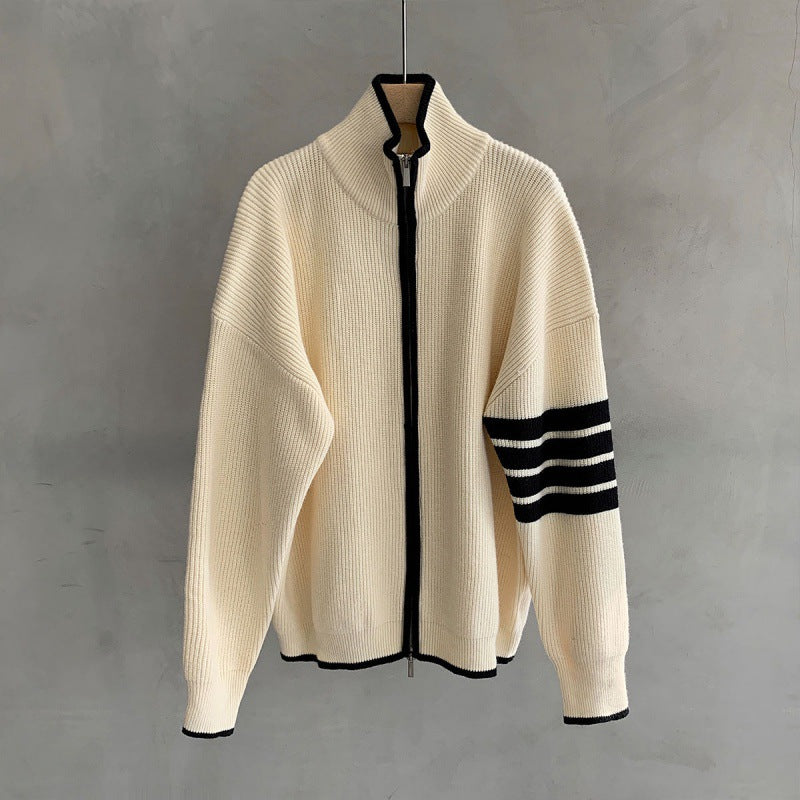 Casual men's zip-up knit sweater, featuring dynamic striped sleeves. Ideal for modern outerwear style.