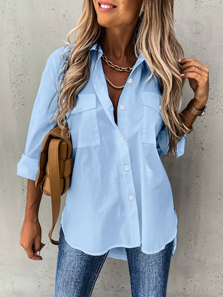 Stylish women's long sleeve button-down lapel collar shirt, a versatile elegant top for any occasion.