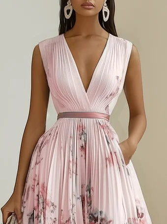 Flattering elegant women's maxi dress, sleeveless with a V-neck, perfect for special occasions.
