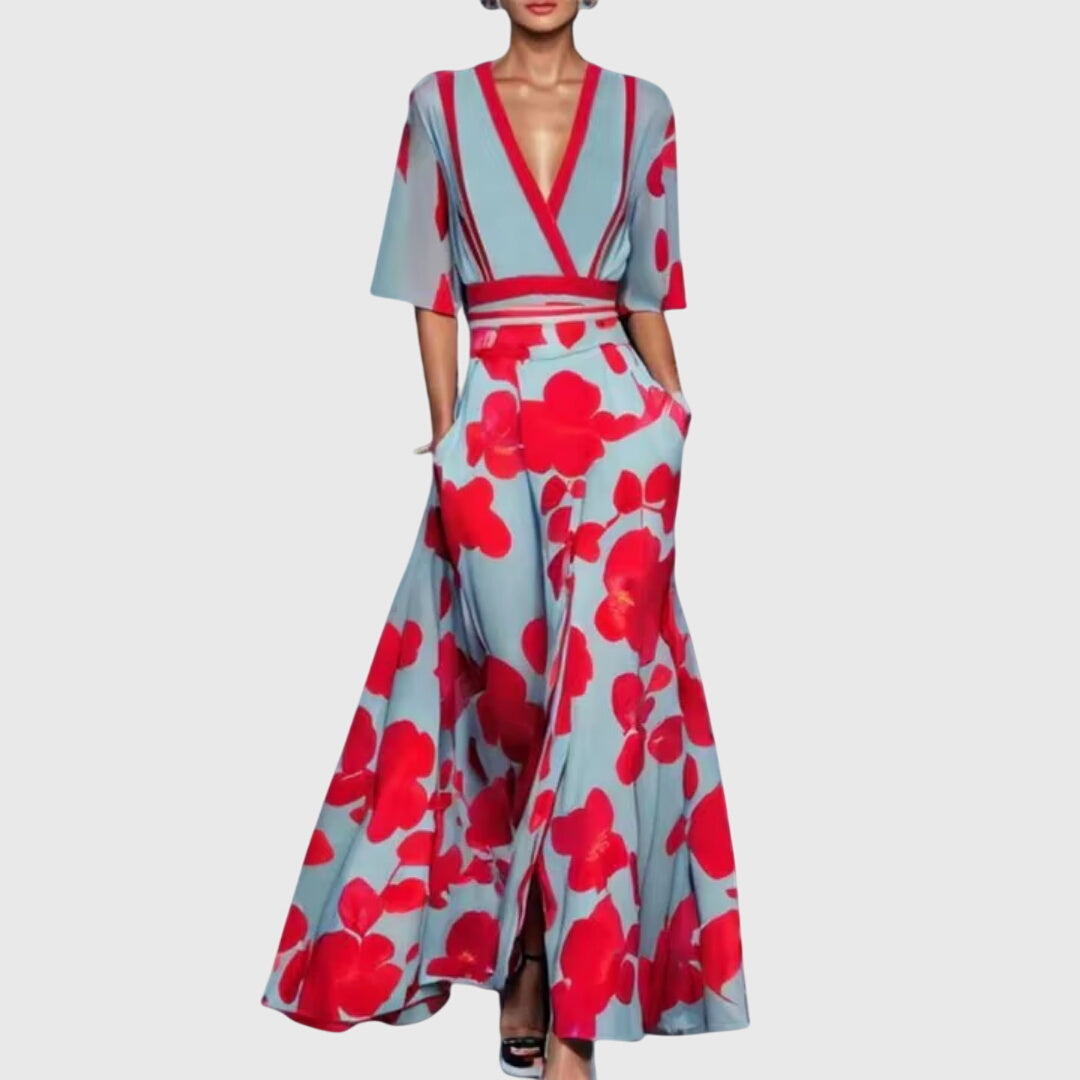 Flowy women's spring floral maxi dress, elegant and comfortable, suitable as a long casual or party dress.