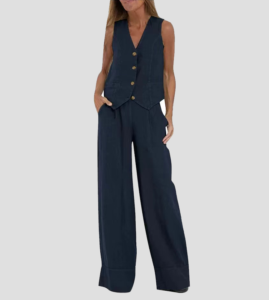 Elegant women's two-piece set: sleeveless V-neck top and wide-leg trousers for versatile fashion.
