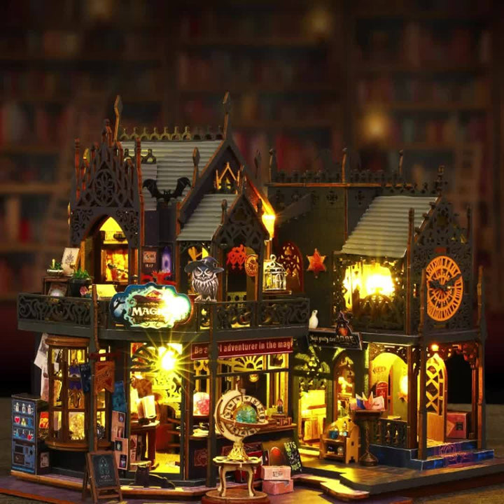Intricate 3D wooden book nook puzzle for shelves, featuring detailed architecture and battery-powered LED illumination.