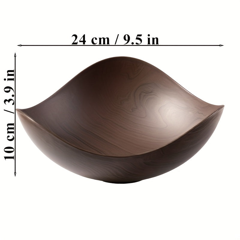 Versatile wood look snack bowl, perfect for kitchen decor or as a decorative table center.